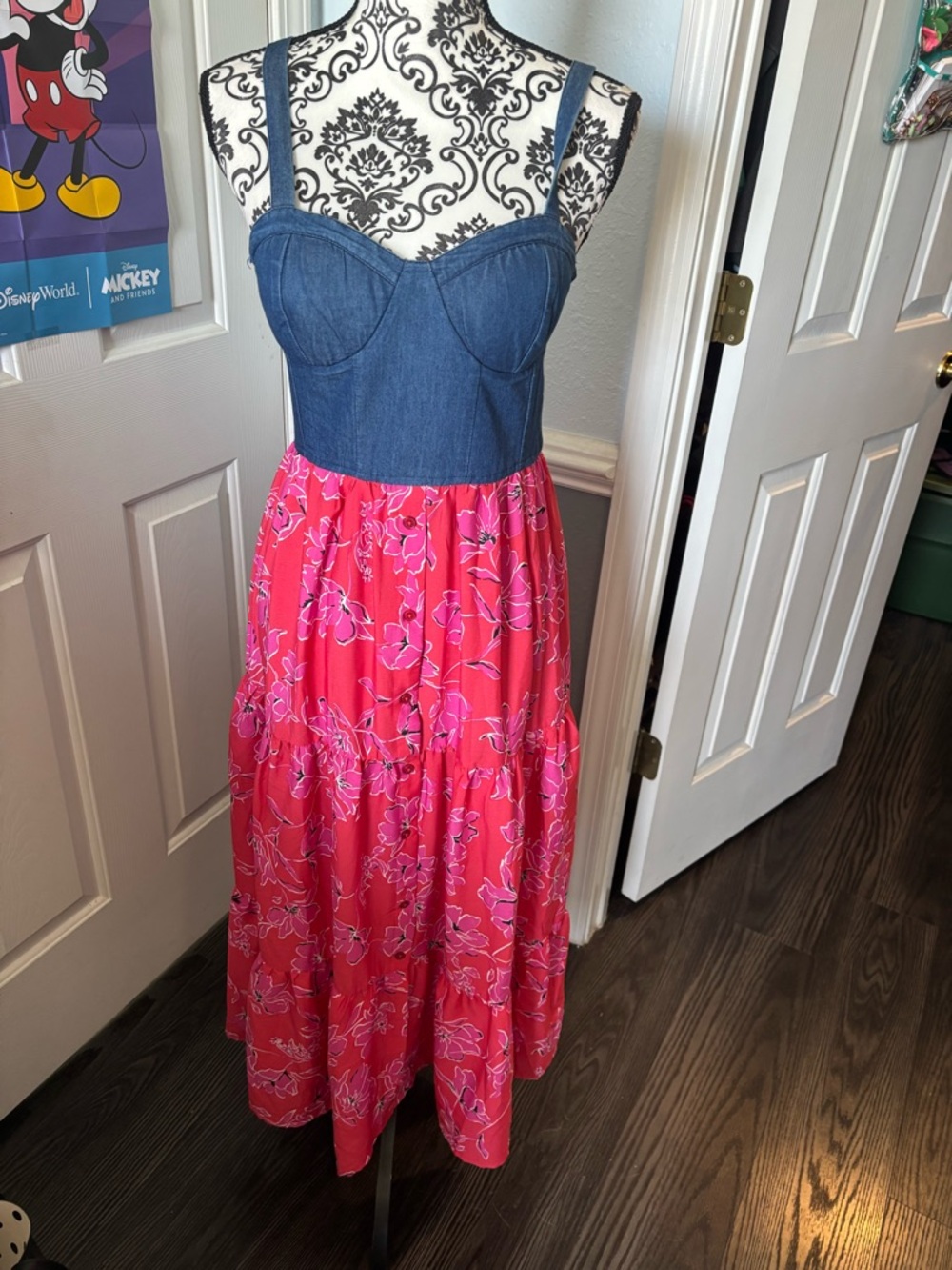 Denim Bustier Pink Floral Maxi Dress